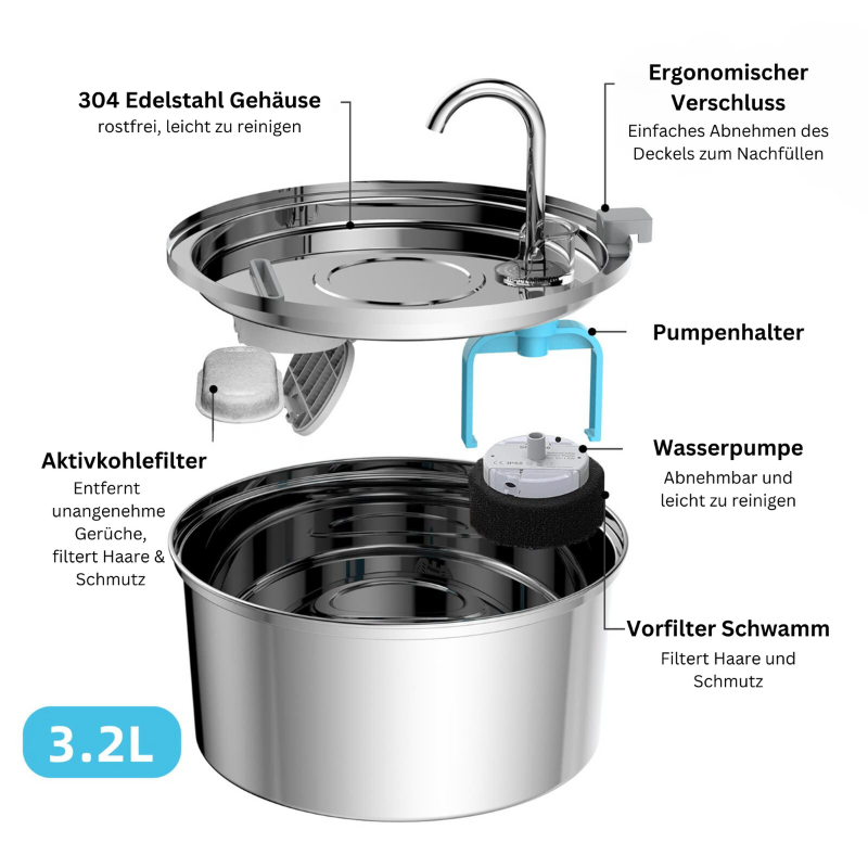 Edelstahl Wasserspender - Automatik Brunnen für Haustiere, 3.2 Liter