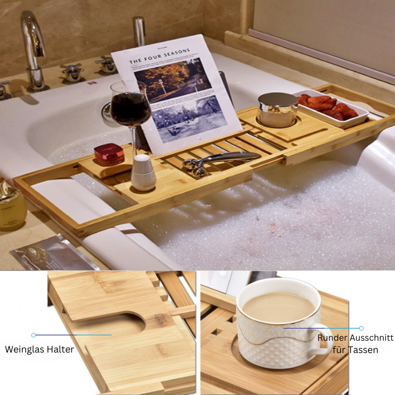 Badewannen-Tablett aus Bambus mit ausziehbaren Seiten, Leseständer/Tablet-Halter und Weinglas-Halter